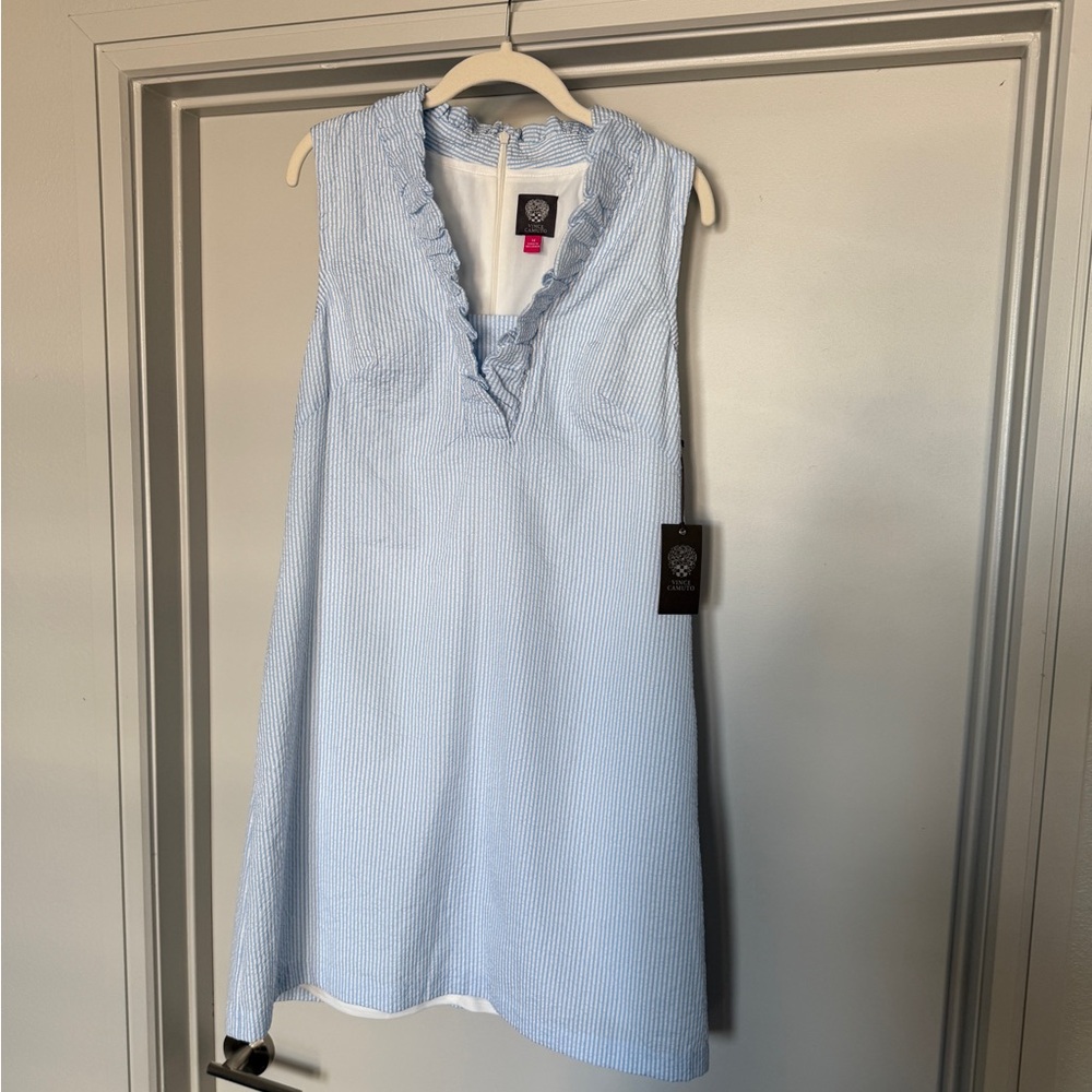Vince Camuto Blue Sleeveless A-Line Pinstripe Dress
